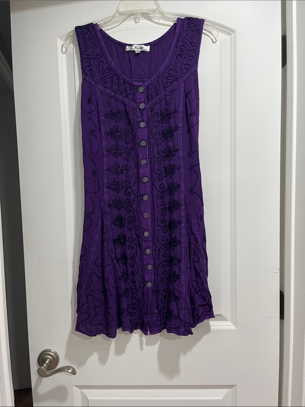 Sleeveless Embroidered Button-Front Purple Dress